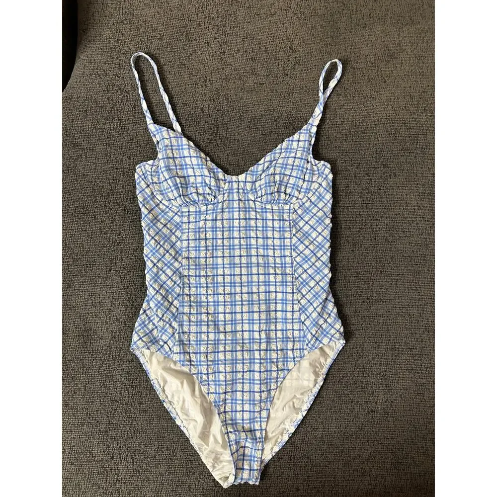 Tory Burch Check Plaid Gingham Swimsuit size M Underwire Blue White Seersucker